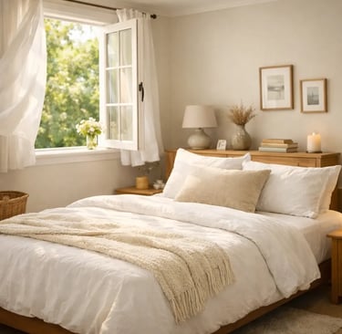 Calm and tidy bedroom with a neatly made bed and open window, showing the first step of an efficient