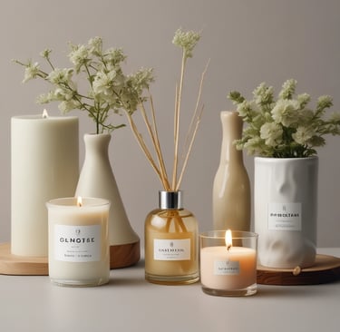 An elegant collection of colognes and essential oils arranged on a wooden tray with fresh lavender sprigs.