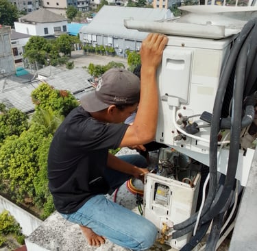 a man is fixing a machine on a roof