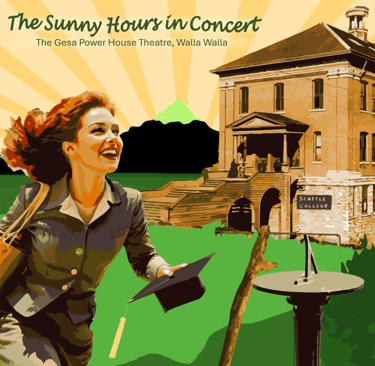 A happy college co-ed holding a graduation cap. A hiking stick and sundial are beside here.