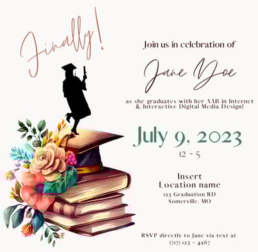 Graduation party invitation featuring a stack of books, floral bouquet, and graduate silhouette.