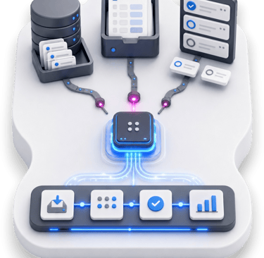 3D illustration of business automation solutions connecting data, documents and tasks into one streamlined workflow.