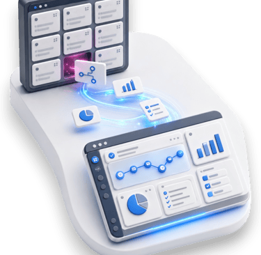 3D illustration showing rigid standard software adapting into custom business software built around real workflows.