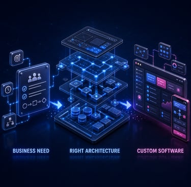 Detailed 3D workflow showing business needs, software architecture and a finished custom software system.