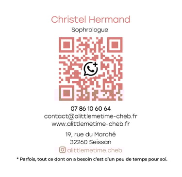 Verso de la carte de visite de A Little Me Time, Cabinet de Sophrologie à Seissan, Gers
