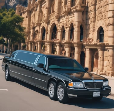 a limousine parked in front of a large building