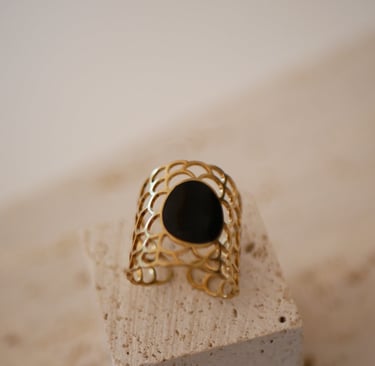photo produits, photo de bijoux, bague noire et dorée, bijoux en acier inoxydable