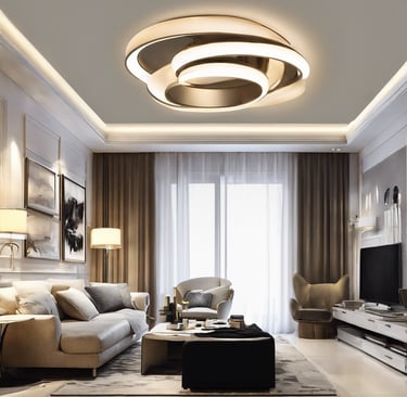 a living room with a couch and a television and celling designer lights