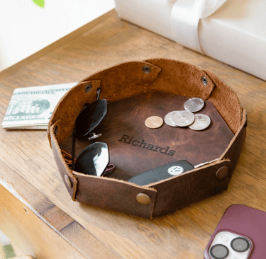 Personalized Leather Round Catchall Valet