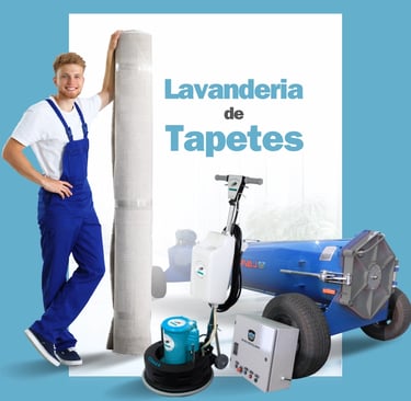 Lavanderia de tapetes - profissional segurando um tapete embalado ao lado de equipamentos de limpeza