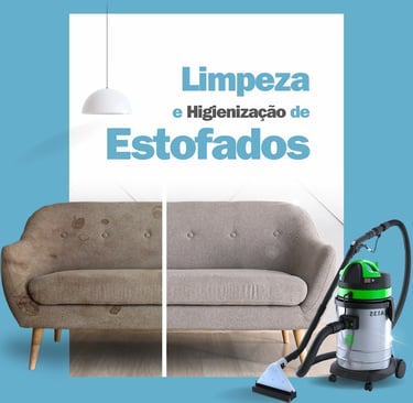 Limpeza e higienização de estofados - antes e depois de um sofá que recebeu o tratamento de limpeza ao lado de uma extratora