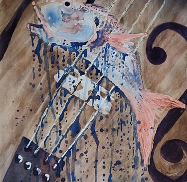 a surreal painting of a fish inside a violin