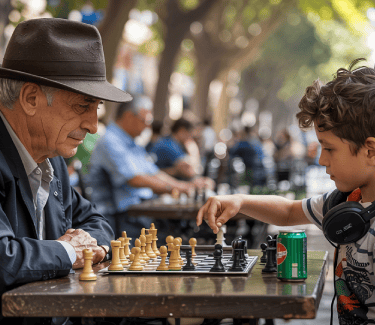 un vieil homme et un enfant jouent aux échecs