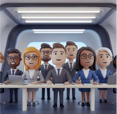 a group of people standing around a table