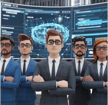 a group of business people standing in front of a computer screen