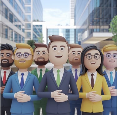 a group of people in suits and ties standing in front of a building