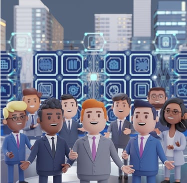 a group of people standing in front of a cityscapeople