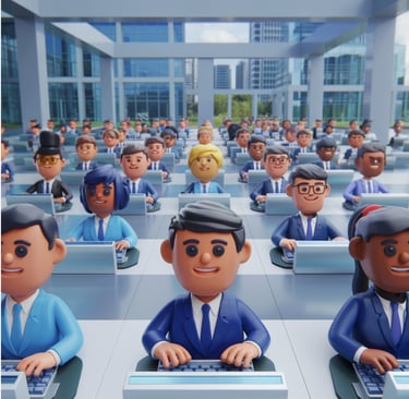 a group of people sitting at desks in a classroom