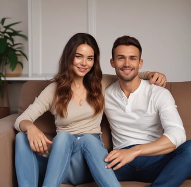 A minimalist interior design features a wooden table with a dark placemat, a glass vase holding green pine branches, a tall glass candle holder without a candle, and two modern overhead pendant lights. The background includes a dim, softly lit room with a blue curtain covering a window.