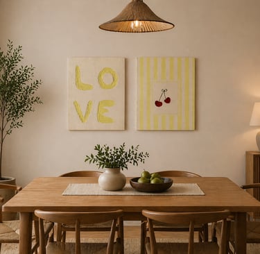 Cute Yellow Striped, Textured Red Cherry And Bold Text Wall Decor for Modern Homes