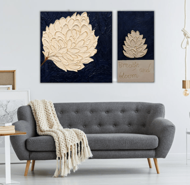 Navy Blue Textured Botanical Painting
