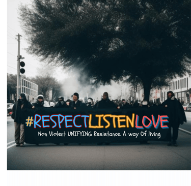 a group of people marching behind a sign a Unifying hashtag #RespectListenLove