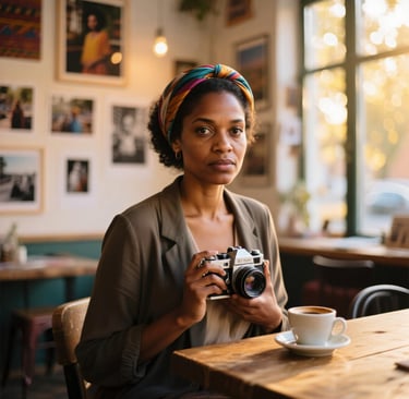 a woman sitting at a table with a camera and a cup of coffee