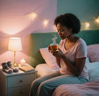 a woman sitting on a bed with a cup of tea