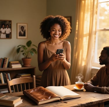 a woman is smiling while she is holding a cell phone