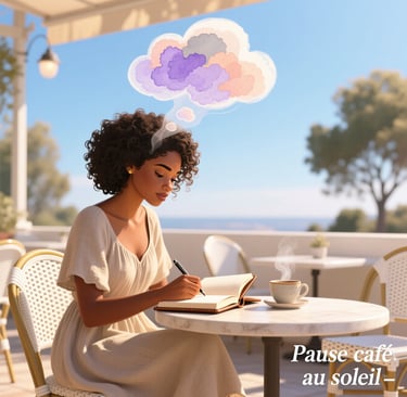 a woman sitting at a table with a notebook and a notebook