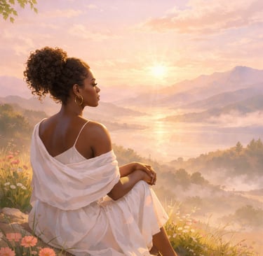 Une femme assise sur un rocher avec un coucher de soleil en arrière-plan.