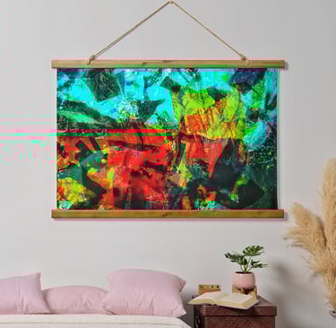 Wood topped wall tapestry calm vintage orange blue from recycled plastic photo print