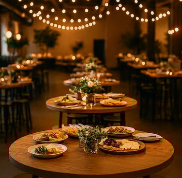 Cena de empresa con mesas altas decoradas y platos variados. Catering elegante en Málaga