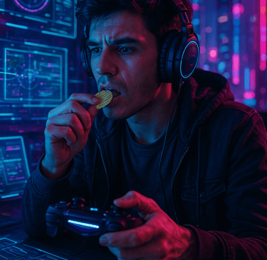 Joven jugando y comiendo snack