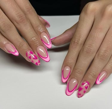 Valentine's day nails pink French outlined with pink hearts
