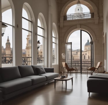 A cozy living room with a large window showing a city view.