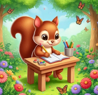 A squirrelly writing in a book at a desk outside