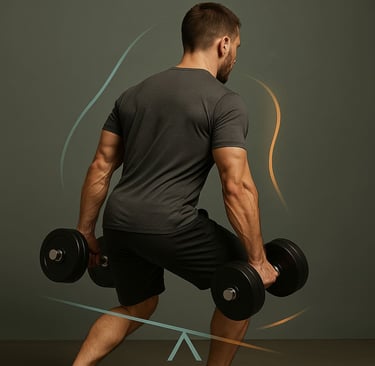 hombre cargando mancuernas con desequilibrio postural, destacando hombro caído y pierna adelantada