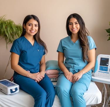 Dos mujeres fisioterapeutas sonriendo sentadas en una camilla