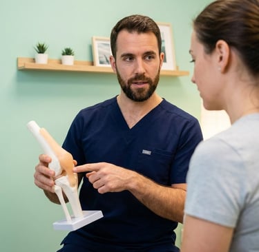 Fisioterapeuta en Guadalajara evaluando rodilla con modelo anatómico en clínica Sirona