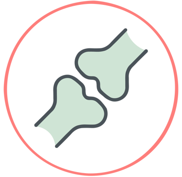 Icono de articulación sana en verde menta y coral, simbolizando la recuperación de rodilla y hombro