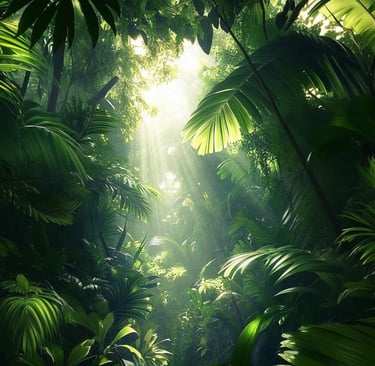 Selva densa y vibrante con vegetación exuberante, donde la luz suave y azulada atraviesa el dosel