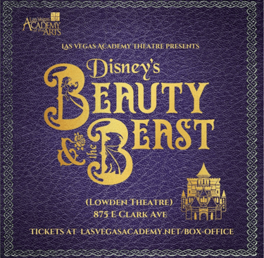 Purple leather book cover that reads: Las Vegas Academy Theatre Presents Disney's Beauty & the Beast.