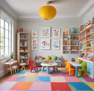 A colorful classroom corner decorated with educational materials and artwork. A tree made of brown paper with a bright yellow paper sun on a blue background. Alphabet letters displayed on a board with multicolored magnets. Several educational posters feature drawings and letters, and a plush toy lies on a white shelf. Various cut-out images and decorations create a child-friendly and engaging learning environment.