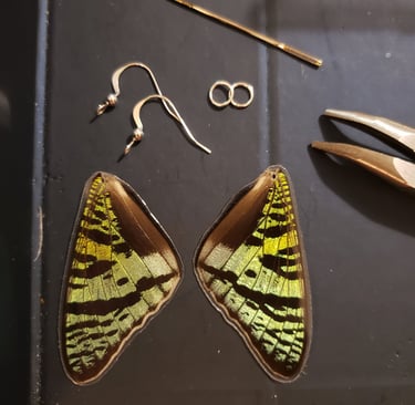 Butterfly wings and tools used to make earrings.