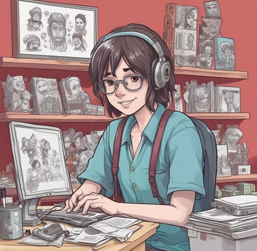 A shop window displaying various artistic and decorative items such as sculptures, pottery, and crafts. The shelves hold abstract sculptures, ceramic figures, a hot air balloon decoration, and a few decorative plates. The overall arrangement is eclectic, with a mixture of both modern and traditional artistic styles.