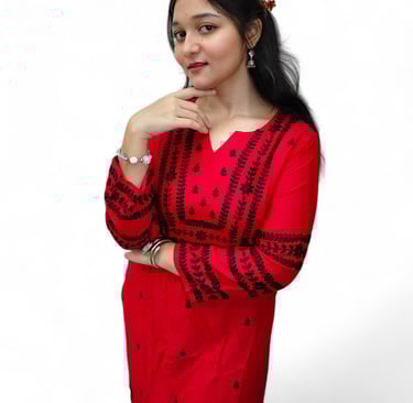 a woman in a red dress with a white background
