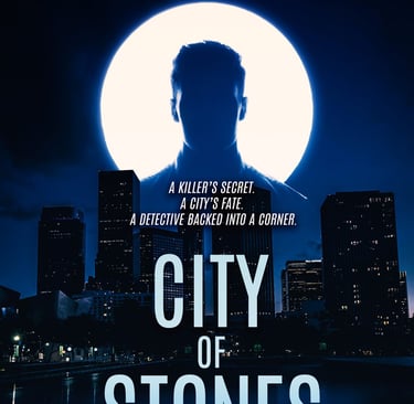 Cover of 'City of Stones' by Robert Ellis, featuring a dark, moody cityscape with Matt Jones silhouette.