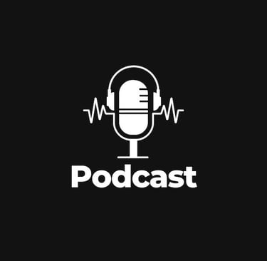 display of white microphone and the word podcast on a black background