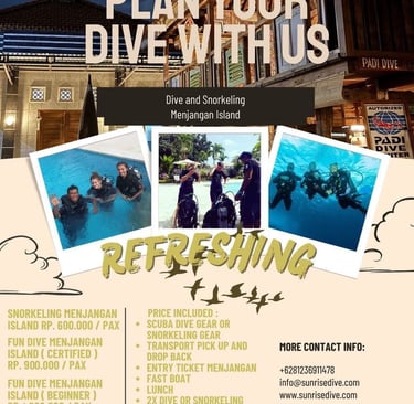a flyer for a dive and snorkel in the national park menjangan island north bali